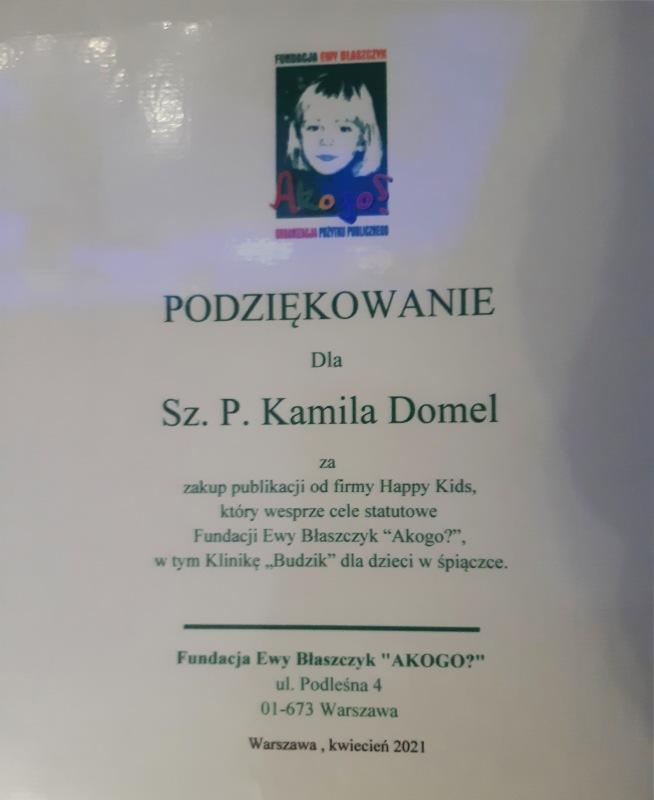 Podziękowanie dla Kamila Domel - Kwiecień 2021