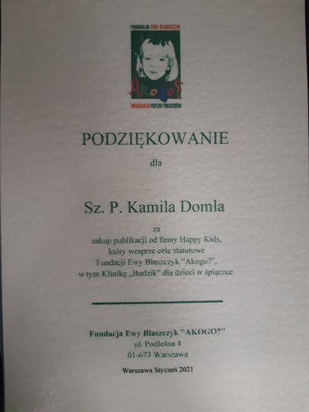 Podziękowanie dla Kamila Domel - Styczeń 2021